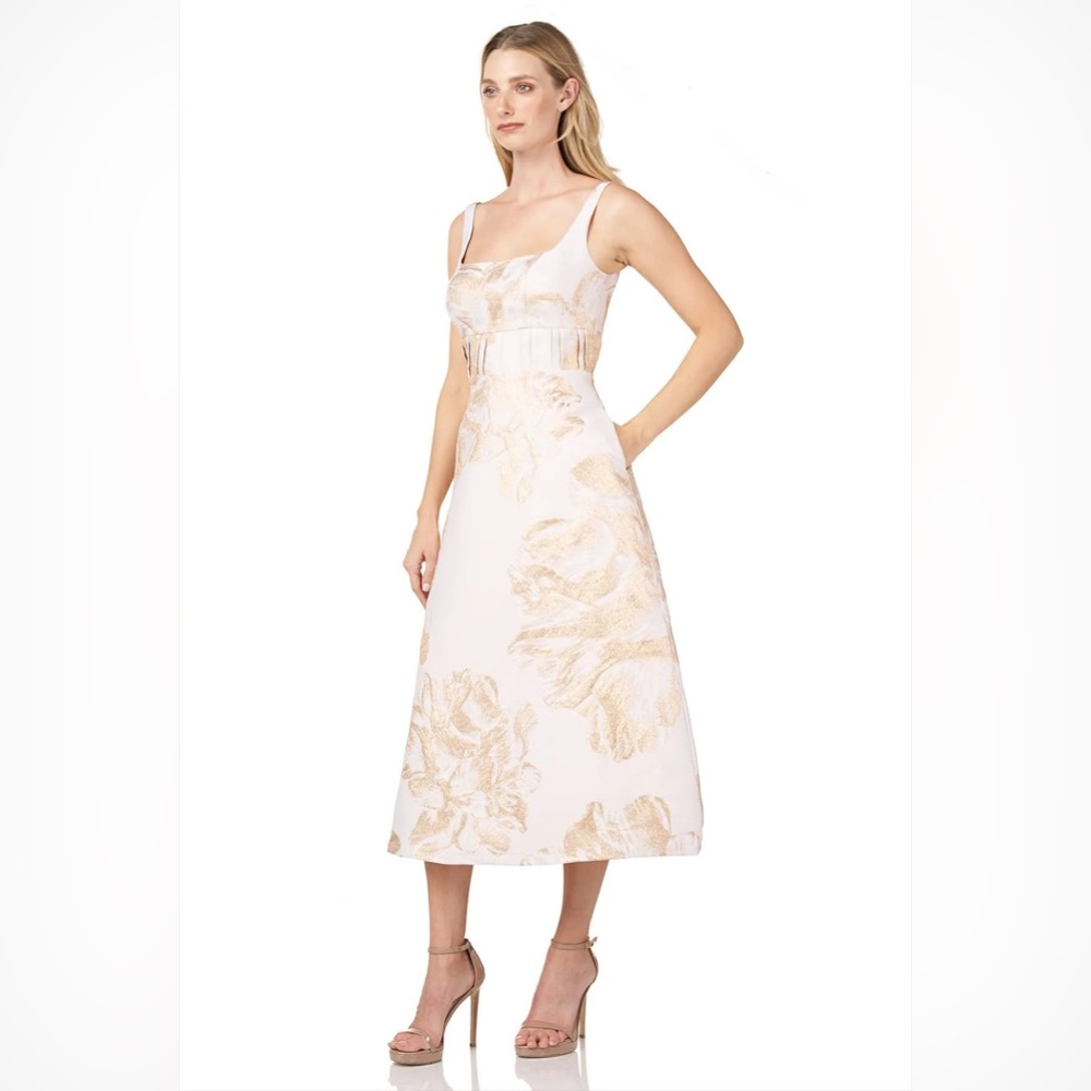 Kay Unger FLORAL JACQUARD TEA LENGTH DRESS
